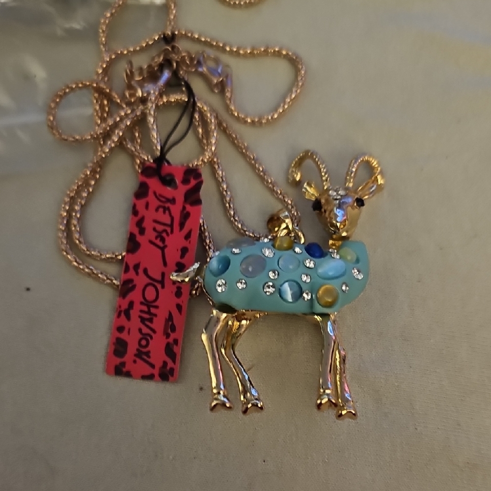 Betsey Johnson Gold and Light Blue Goat Ram Deer Necklace New 26" Chain